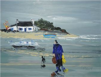 Fisherman on foot and his dog - Christian Sanseau