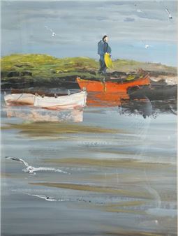 SANSEAU Christian, born 1952 Fisherman, boats and seagulls painting on paper, signed lower right 60 - Christian Sanseau