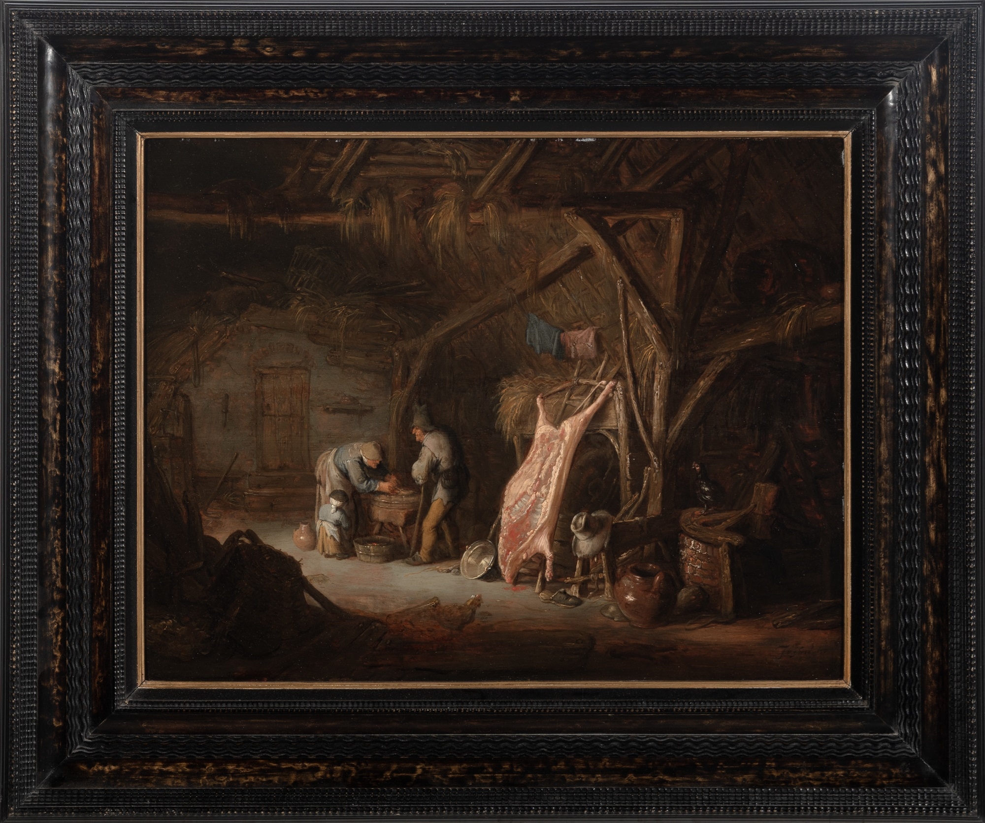 Artwork by Isack van Ostade, Peasants working in a Barn, Made of Oil on panel