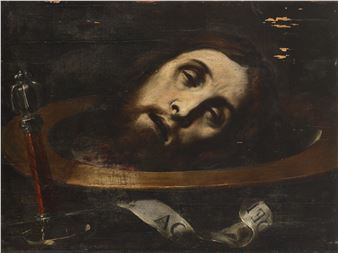 The Head of Saint John the Baptist on a charger with a cartellino and a sword nearby - Daniele Crespi