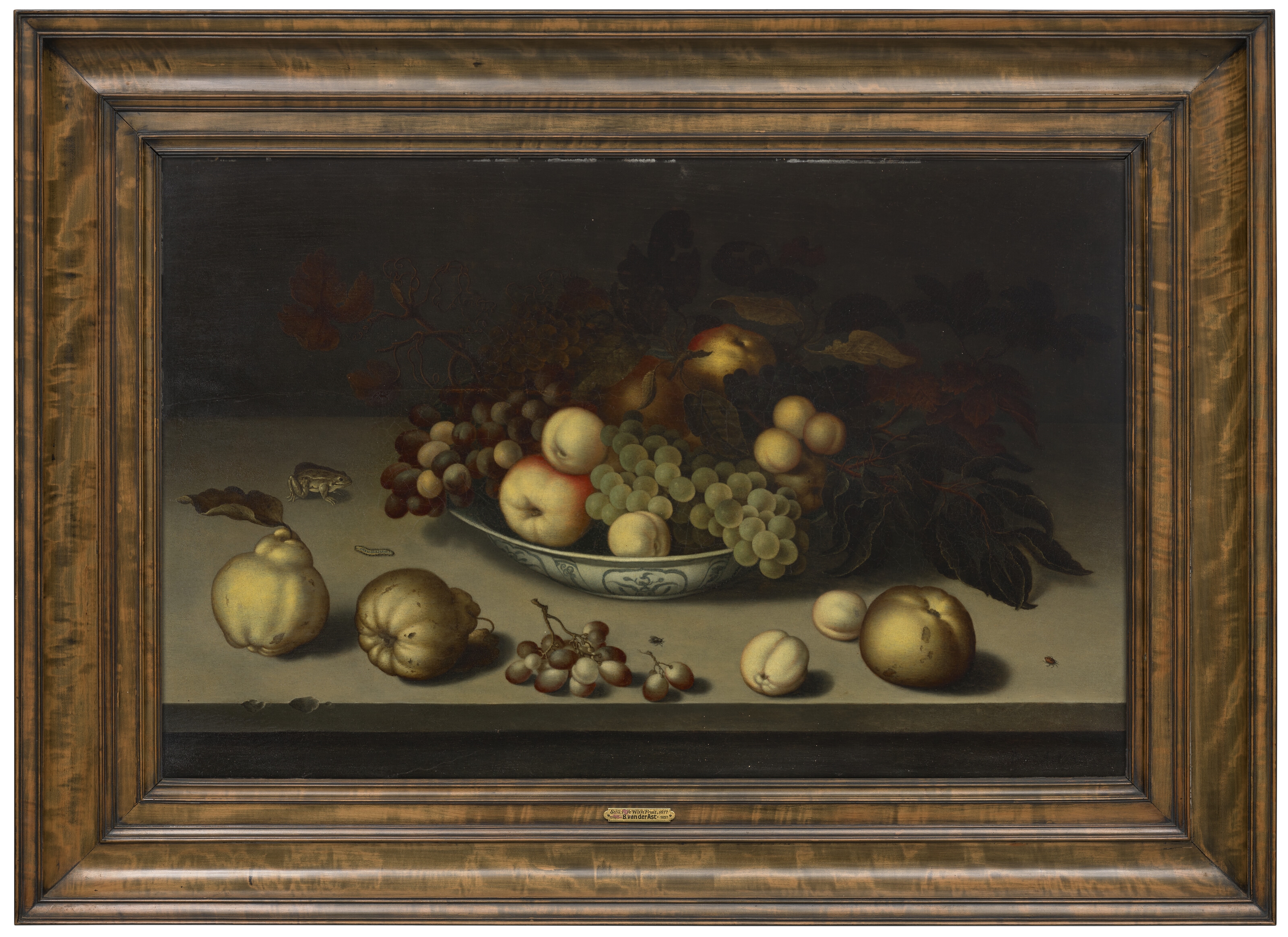 Artwork by Balthasar van der Ast, Grapes, apples, peaches and apricots in a Wan-li bowl, with quinces, a frog, a caterpillar, a fly and a beetle on a stone ledge, Made of oil on panel
