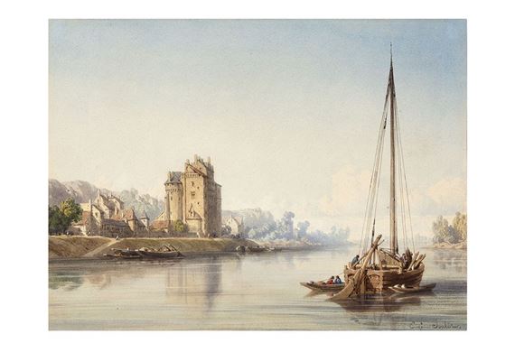 Merchant boat arriving near a town - Eugène Edouard Soulès