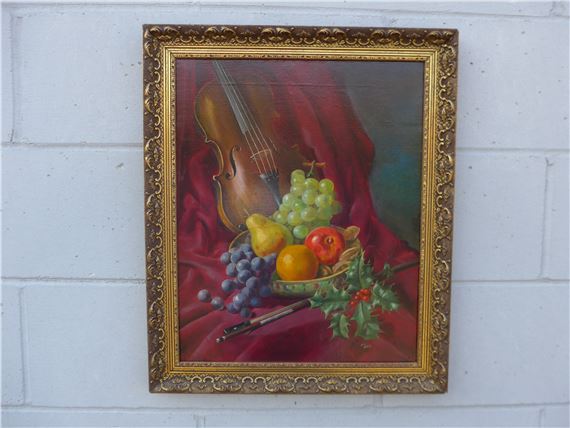 An ornate  framed , still life of a Violin by Wilf Walker