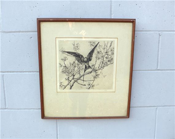 An  of a bird taking flight from a flowering tree, pencil - Anna Airy