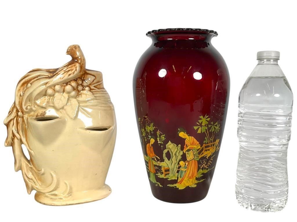 A Ruby | McCoy Peacock Vase & Ruby Red Asian Motif Vase | MutualArt