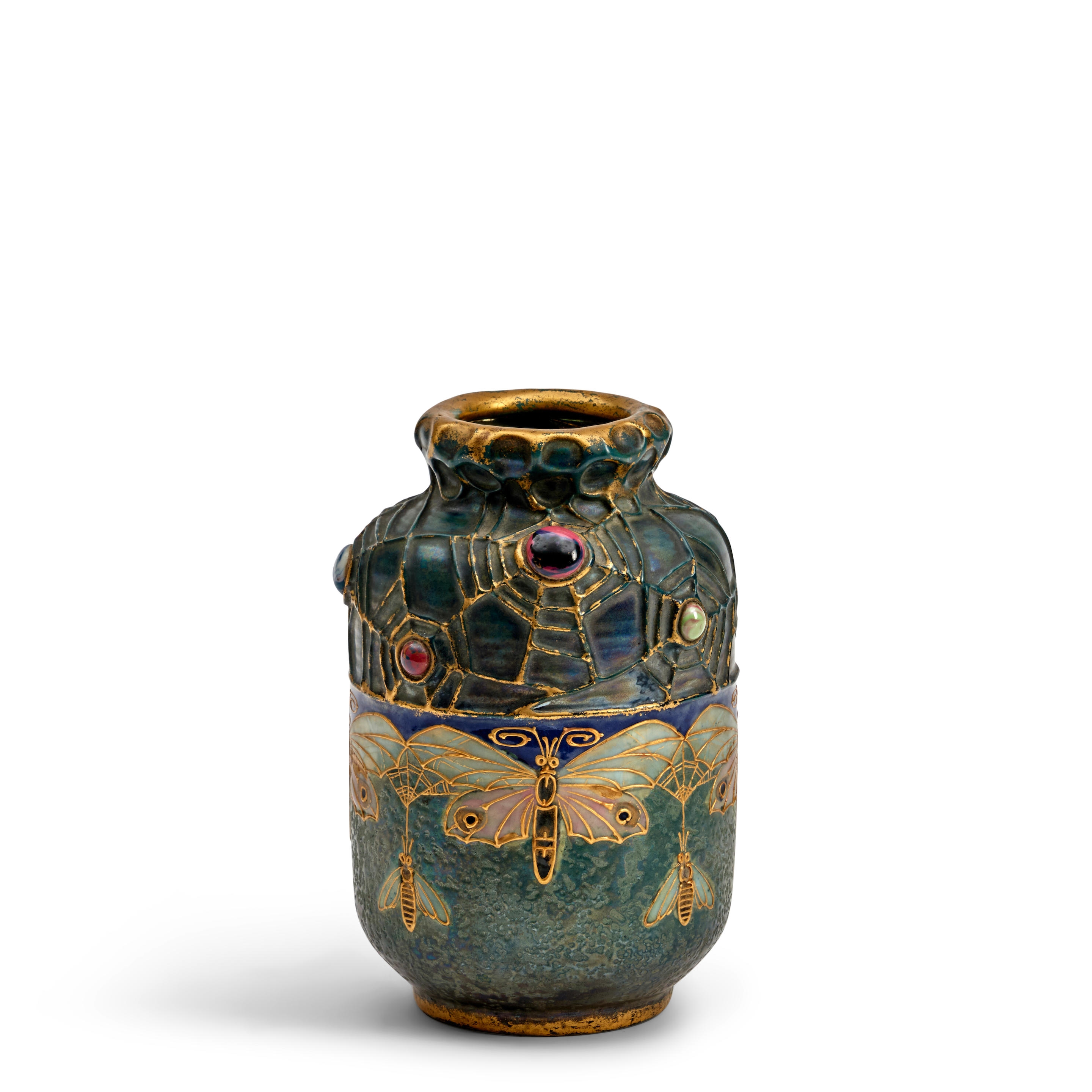 Artwork by Riessner, Stellmacher & Kessel, AMPHORA GRES-BIJOU VASE, Made of glazed ceramic, applied enamel "jewels," gilt highlights