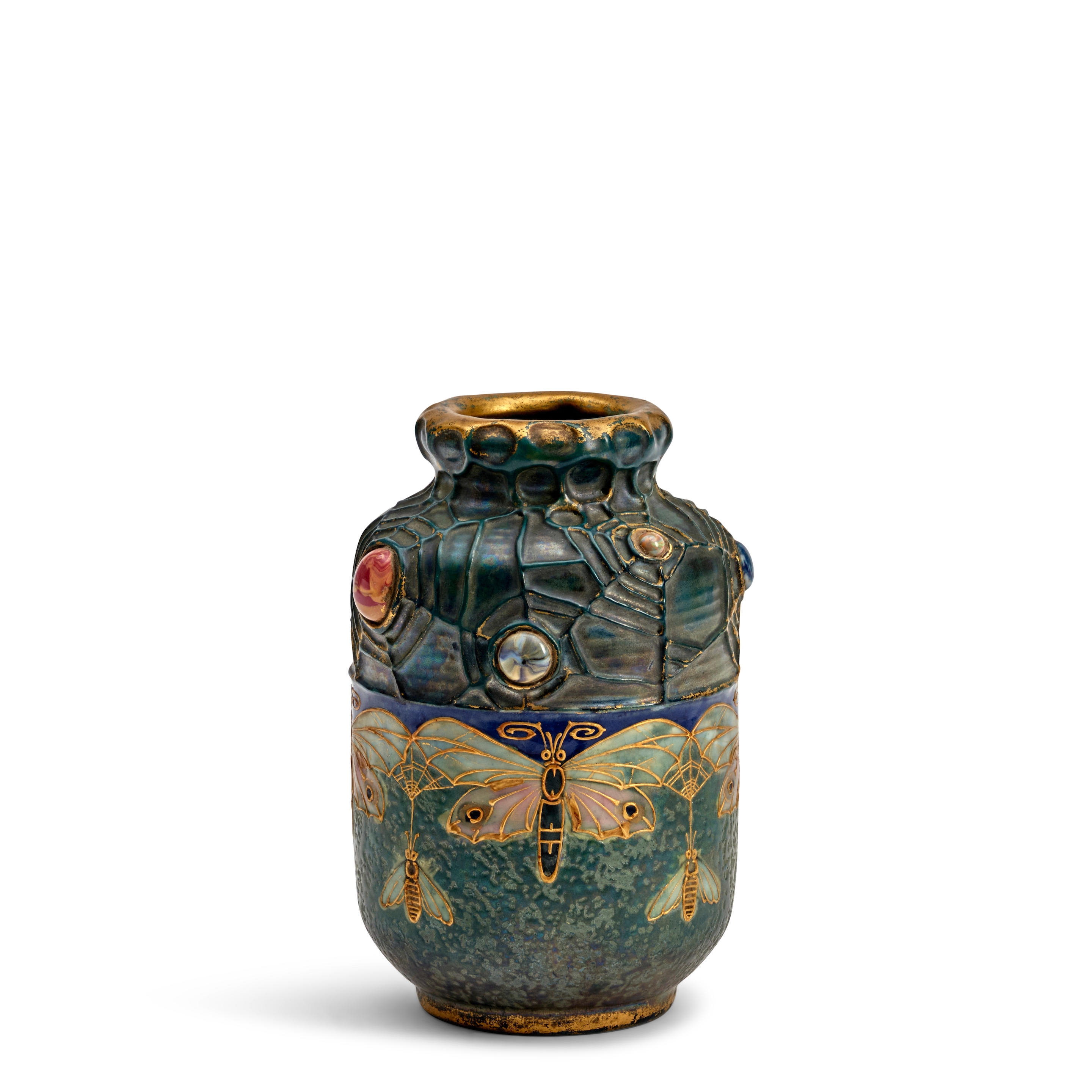 Artwork by Riessner, Stellmacher & Kessel, AMPHORA GRES-BIJOU VASE, Made of glazed ceramic, applied enamel "jewels," gilt highlights