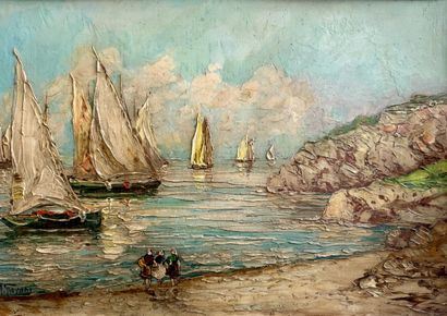 Return from fishing Oil on card signed lower left 33 x 47 cm (view) 68 x 59 cm (with frame) - Robert Giovani