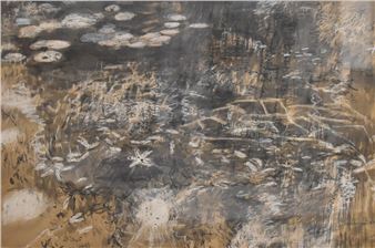 An abstract textured composition blending earthy browns, greys, and whites.