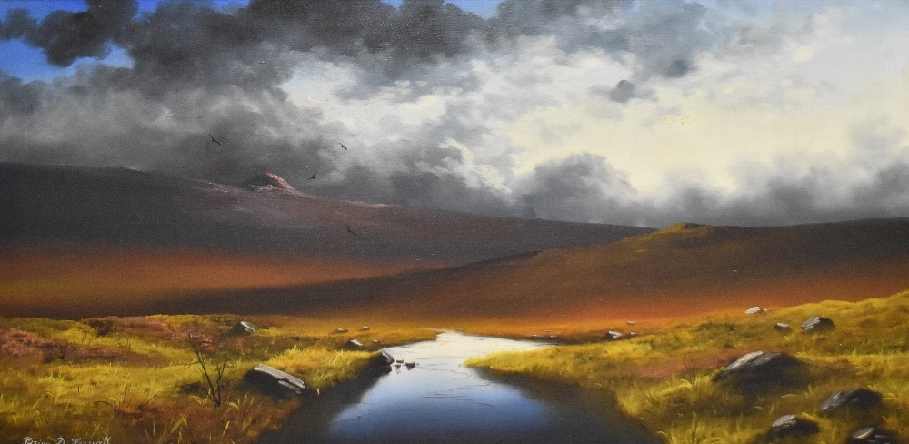 Artwork by Brian D. Horswell, 'Last Light' a depiction of a moorland stream, Made of oil on canvas