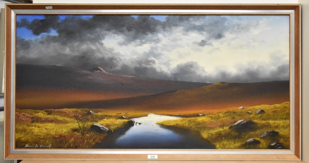 Artwork by Brian D. Horswell, 'Last Light' a depiction of a moorland stream, Made of oil on canvas
