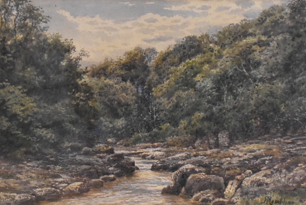Artwork by Robert Rampling, rocky edged stream scene, Made of watercolour