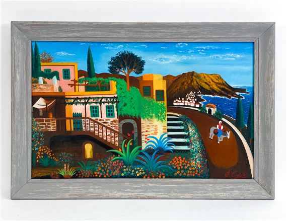 P. COVIELLO FOLK ART LANDSCAPE O/C PAINTING by P. Coviello