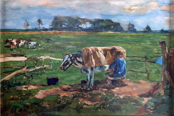 Melkende boer met koeien in landschap by Wilhelmus Hendrikus Petrus Johannes de Zwart
