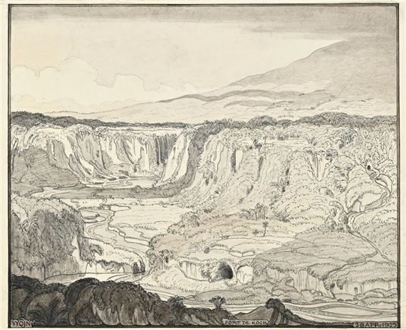 A detailed black-and-white landscape print of a vast canyon with cascading waterfalls and distant mountains.