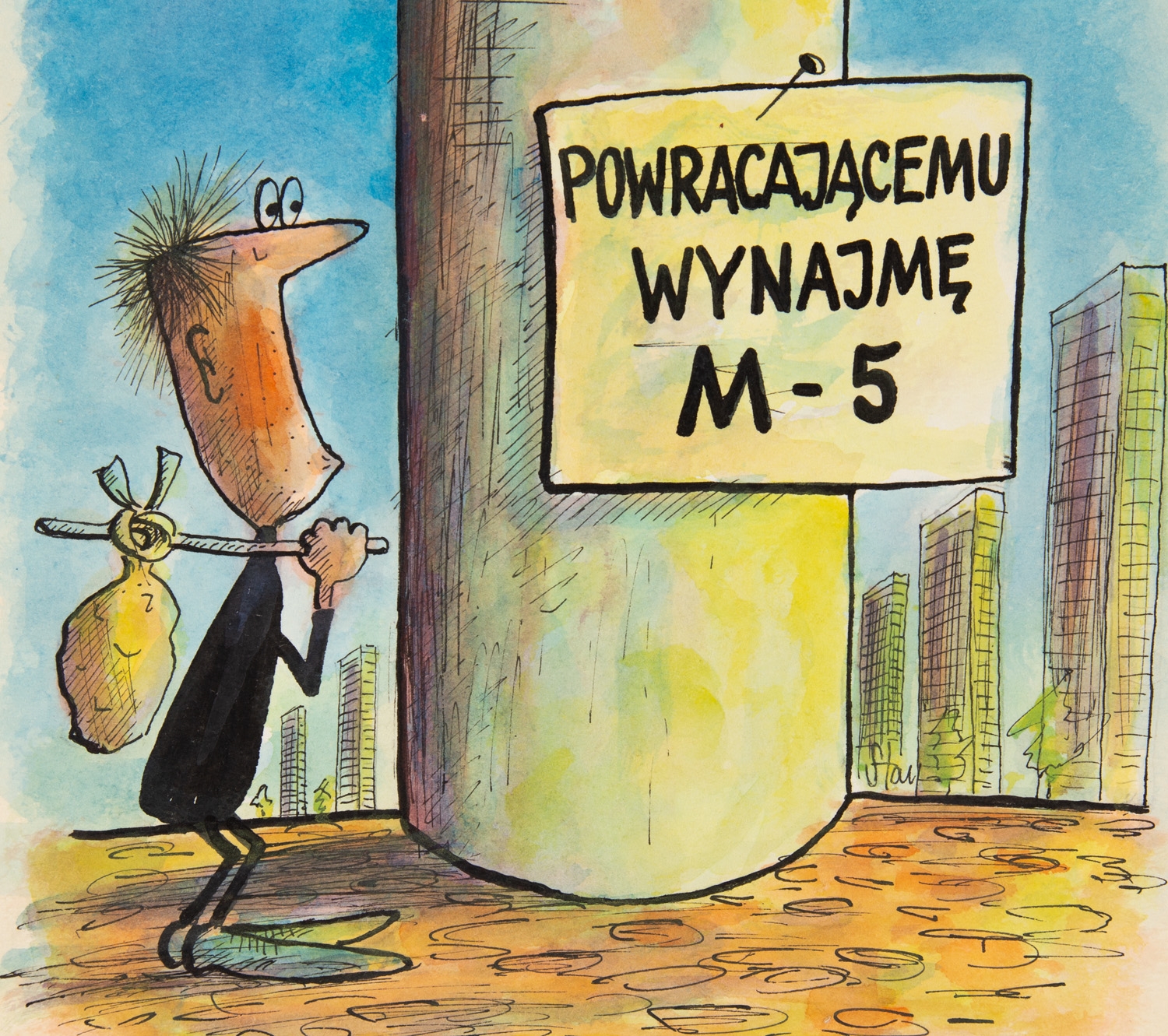 Artwork by Stanislaw Dabrowski, Powracajacemu wynajme M-5, Made of illustration ink, watercolour/paper