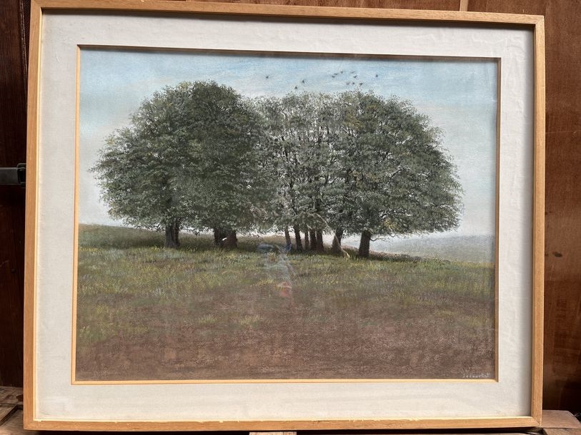 Artwork by Jean Claude Courtat, Meadow with trees, Made of Pastel