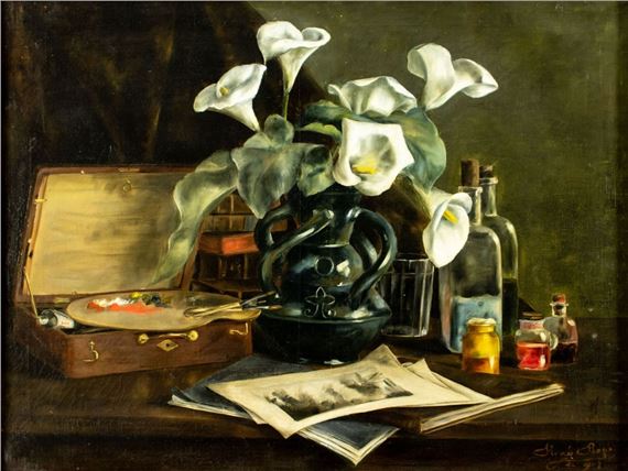 Renée Rops | Still Life with Lillies On Artists Table (1903) | MutualArt