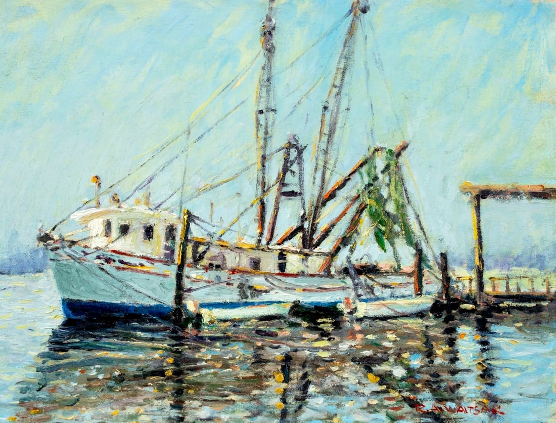 Robert Waltsak | Harbor Scene with Fishing Boat | MutualArt
