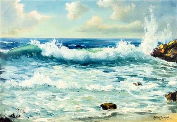 A seascape painting capturing the dynamic movement of ocean waves crashing against rocky shores.