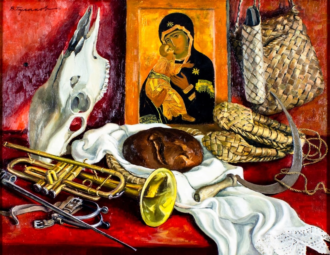 Artwork by V P Bulakov, Still Life - Red Wheel (titled on verso, Made of oil on canvas