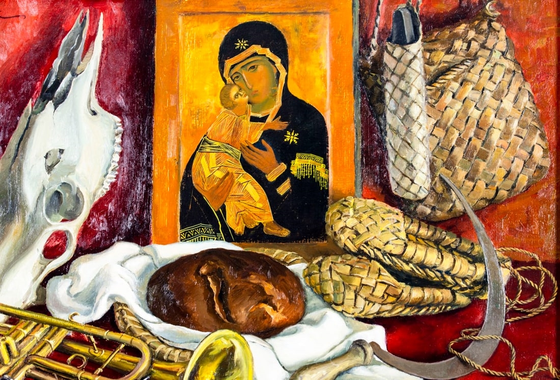 Artwork by V P Bulakov, Still Life - Red Wheel (titled on verso, Made of oil on canvas