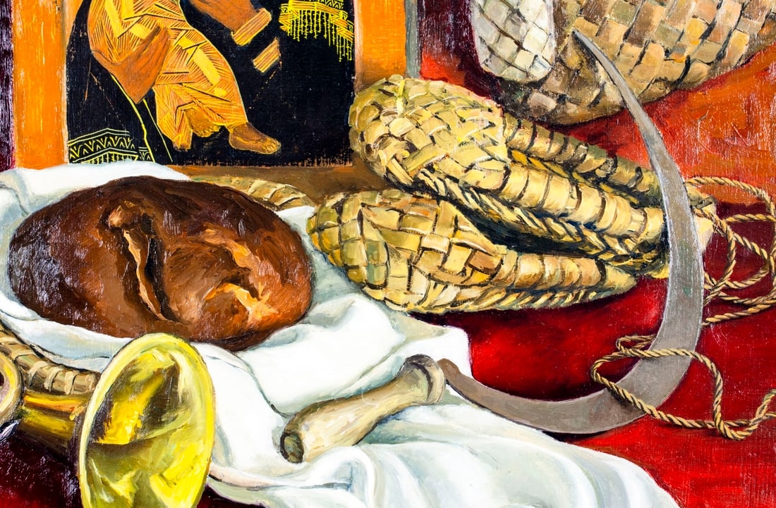 Artwork by V P Bulakov, Still Life - Red Wheel (titled on verso, Made of oil on canvas