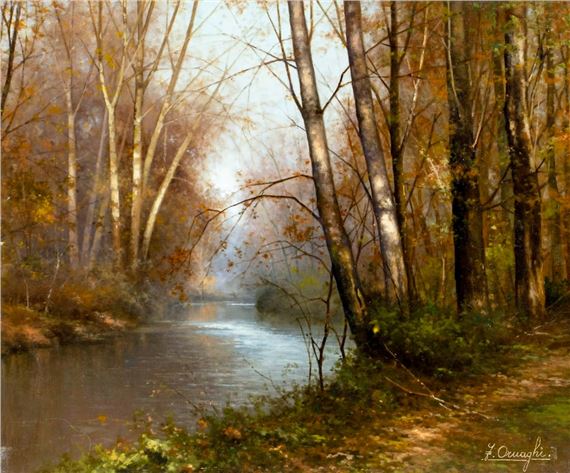 Autumn River Landscape by Fortunato Ornaghi