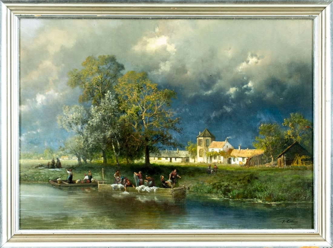 Artwork by Jean Julien Godenne, River Village Landscape, Made of oil on board