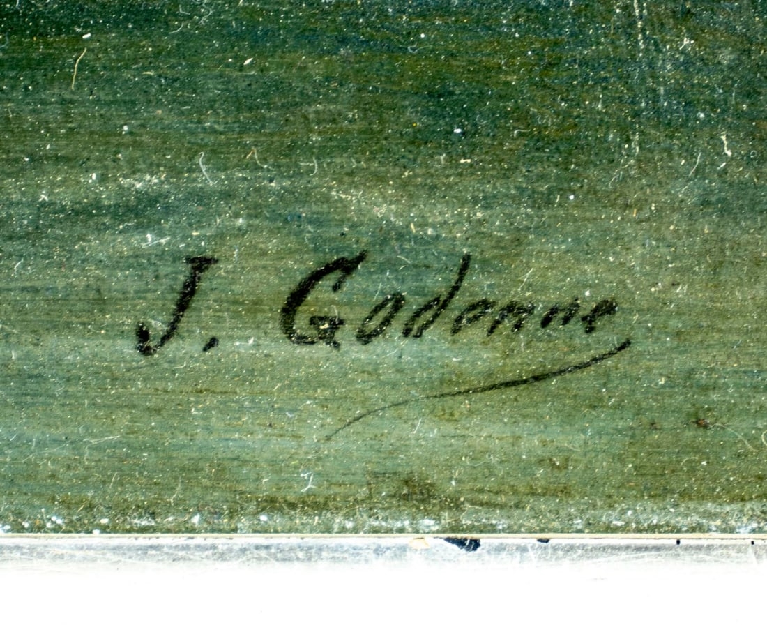 Artwork by Jean Julien Godenne, River Village Landscape, Made of oil on board