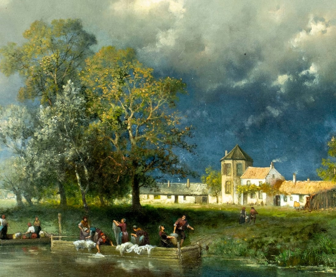 Artwork by Jean Julien Godenne, River Village Landscape, Made of oil on board