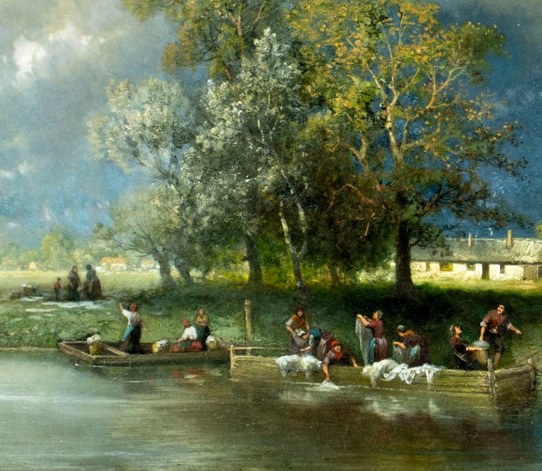 Artwork by Jean Julien Godenne, River Village Landscape, Made of oil on board
