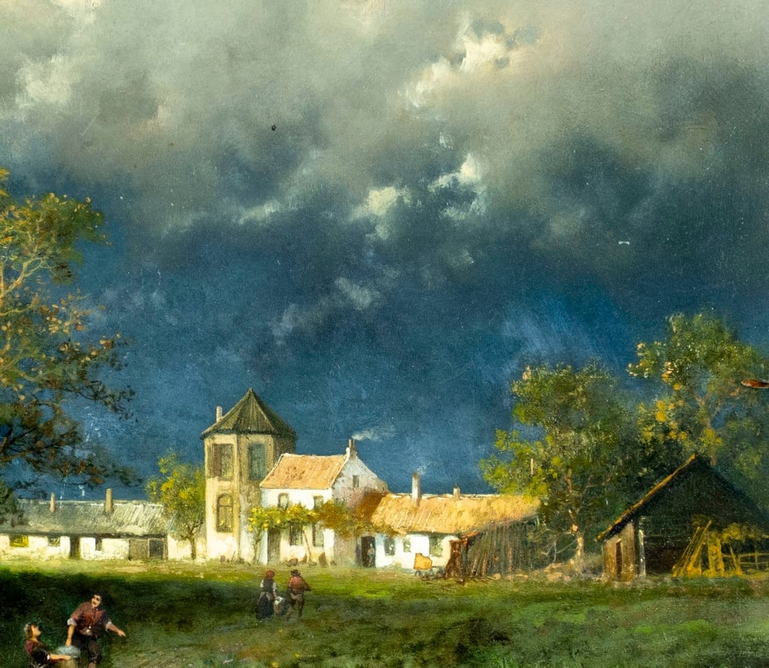 Artwork by Jean Julien Godenne, River Village Landscape, Made of oil on board