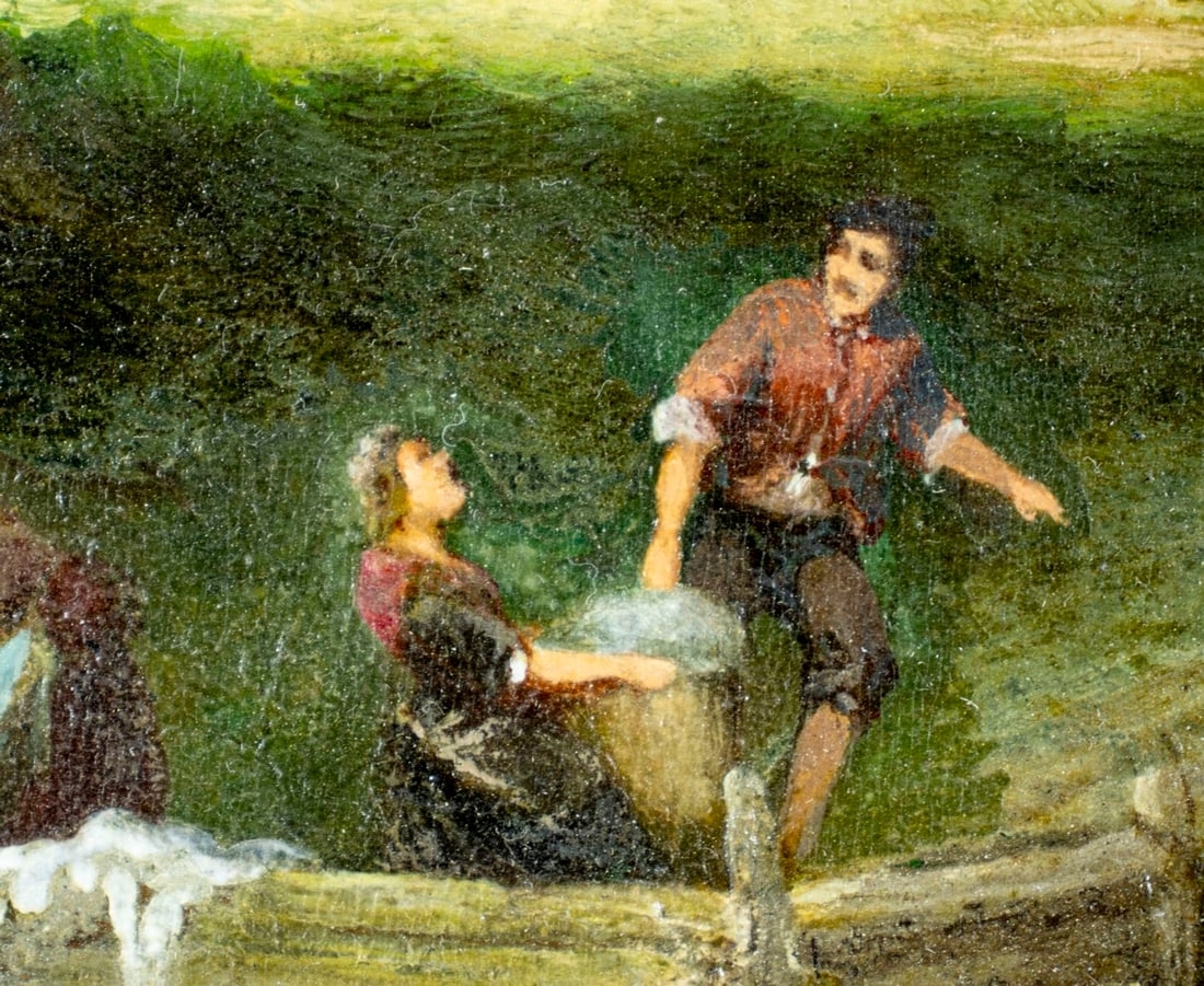 Artwork by Jean Julien Godenne, River Village Landscape, Made of oil on board