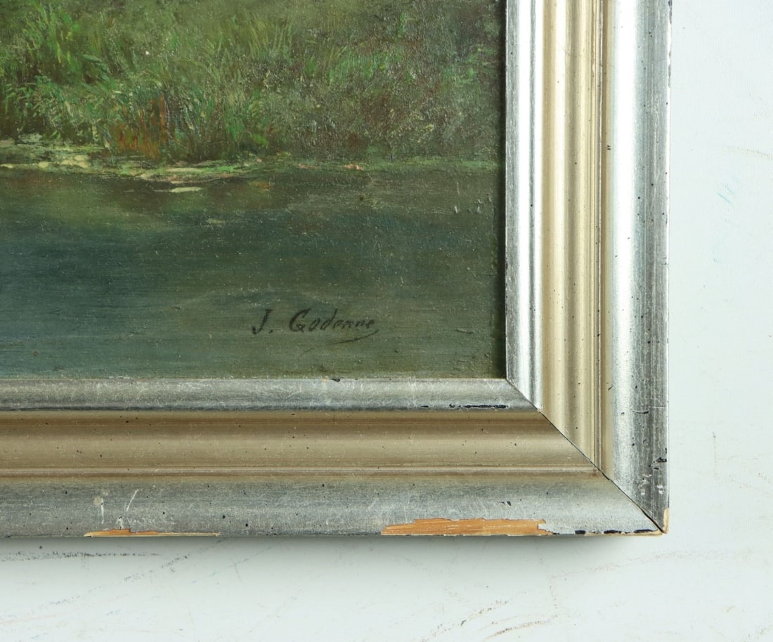 Artwork by Jean Julien Godenne, River Village Landscape, Made of oil on board