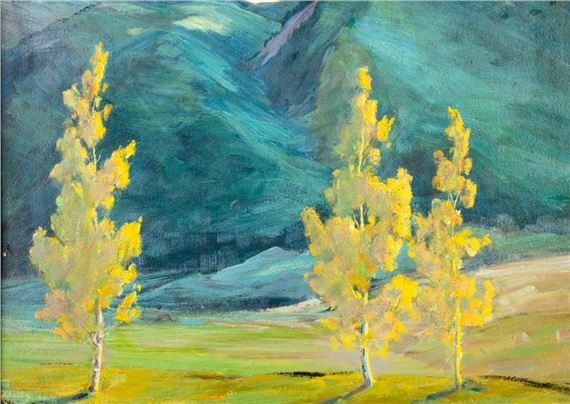Artwork by Jean Mannheim, Landscape - The Green Mountain, Creed, Colorado (titled on verso, Made of oil on board