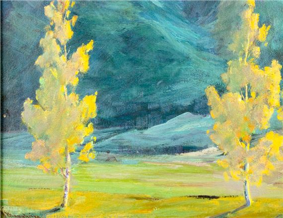 Artwork by Jean Mannheim, Landscape - The Green Mountain, Creed, Colorado (titled on verso, Made of oil on board