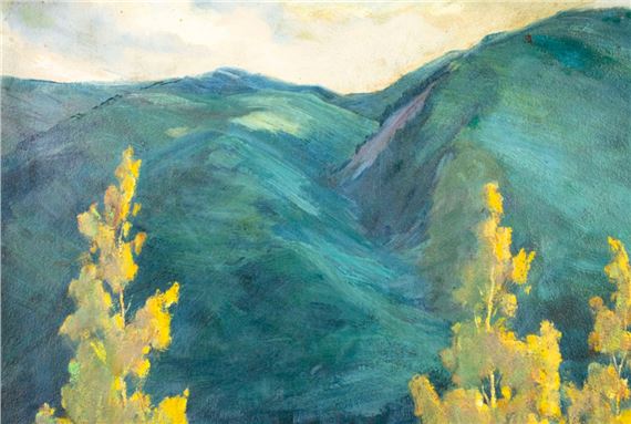 Artwork by Jean Mannheim, Landscape - The Green Mountain, Creed, Colorado (titled on verso, Made of oil on board