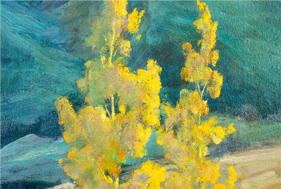 Artwork by Jean Mannheim, Landscape - The Green Mountain, Creed, Colorado (titled on verso, Made of oil on board