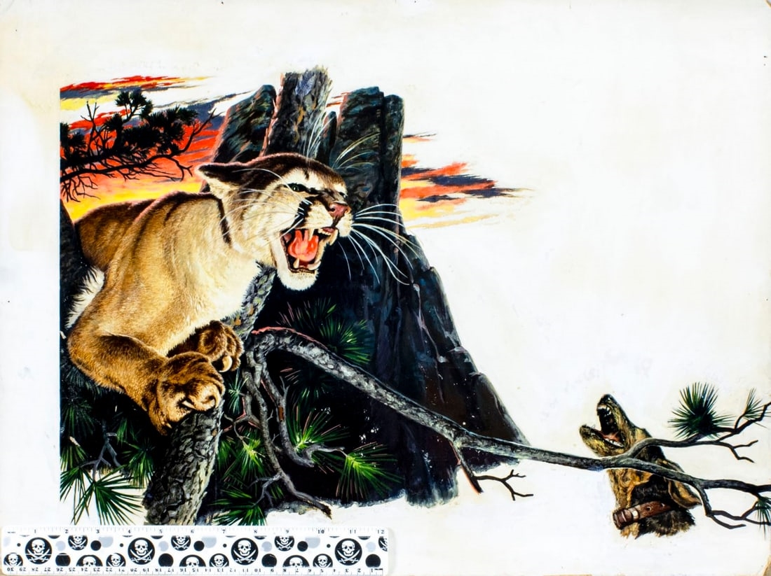 Artwork by Robert Doares, Mountain Lion in Pursuit, Made of oil on board