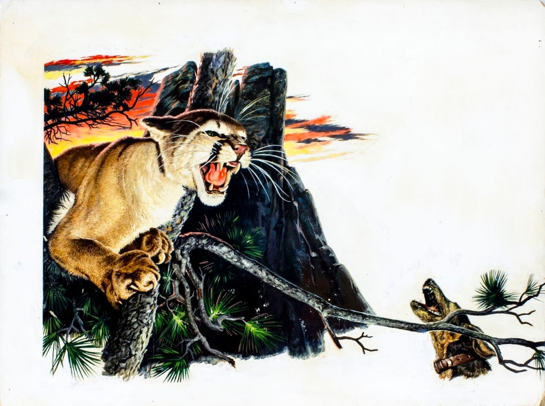 Artwork by Robert Doares, Mountain Lion in Pursuit, Made of oil on board