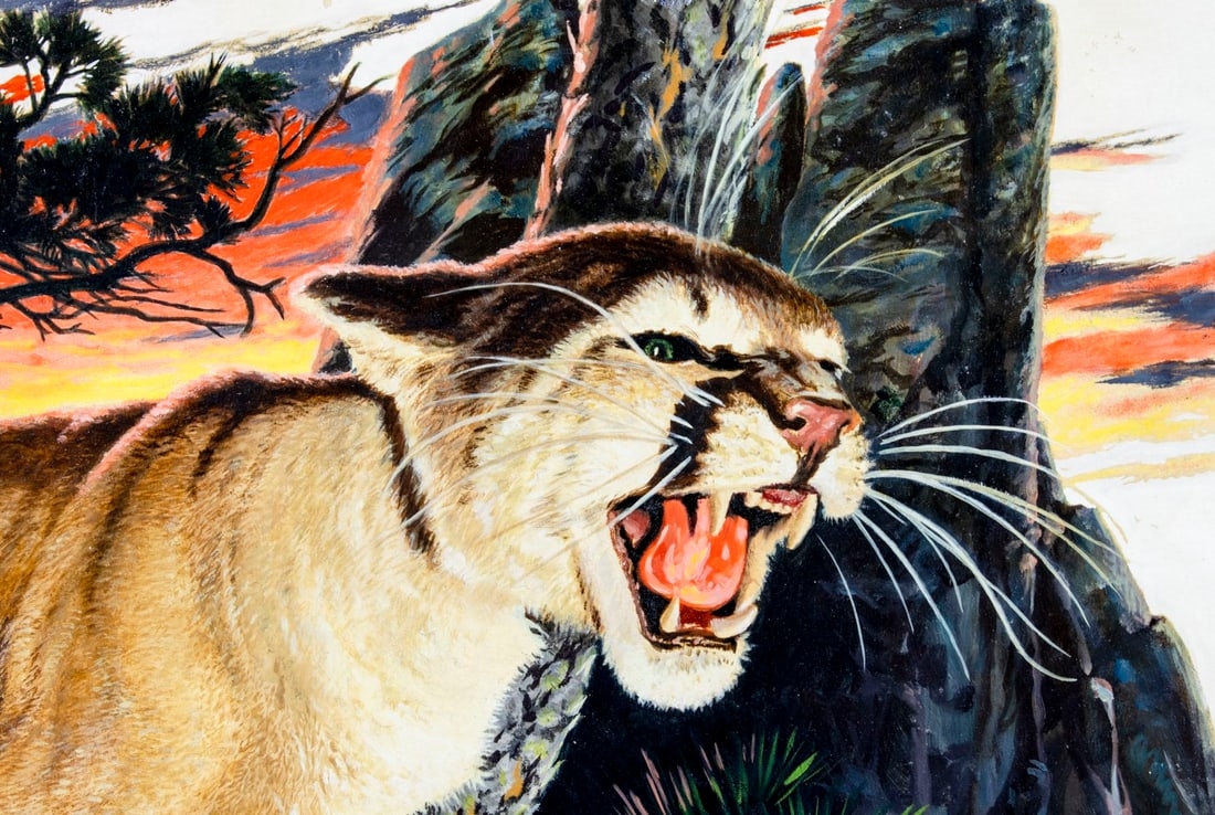 Artwork by Robert Doares, Mountain Lion in Pursuit, Made of oil on board