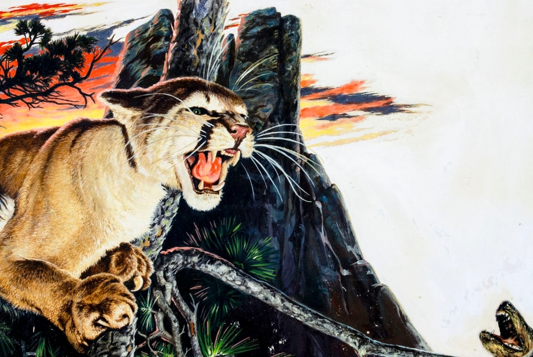 Artwork by Robert Doares, Mountain Lion in Pursuit, Made of oil on board