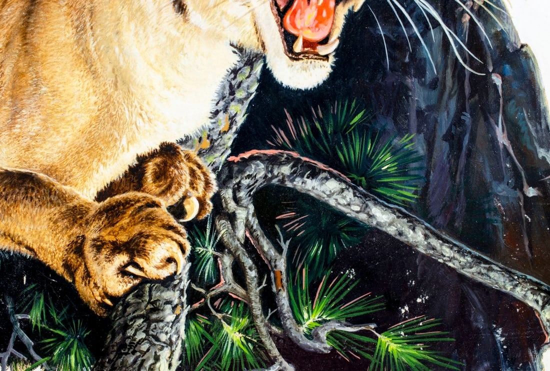 Artwork by Robert Doares, Mountain Lion in Pursuit, Made of oil on board