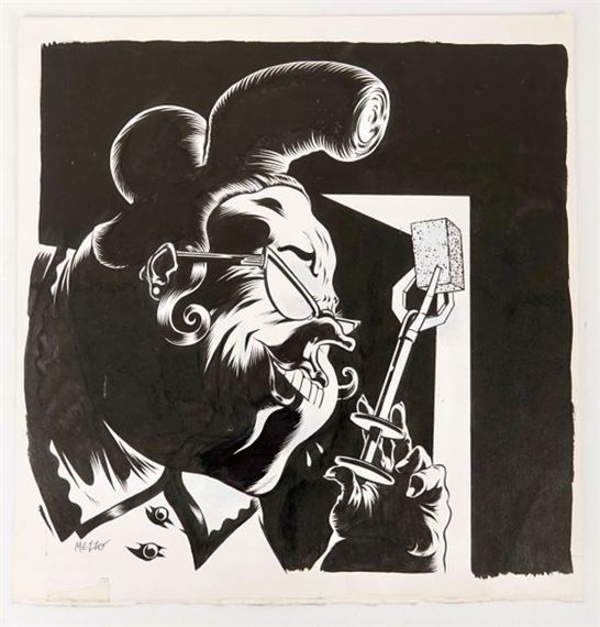 India ink and gouache Drawing signed lower left Small piece of scotch tape lower left 31 x 30 cm by Pascal Mezzo Mesenburg, 1996