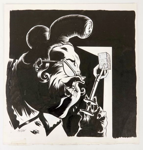 Artwork by Pascal Mezzo Mesenburg, India ink and gouache Drawing signed lower left Small piece of scotch tape lower left 31 x 30 cm, Made of original drawing