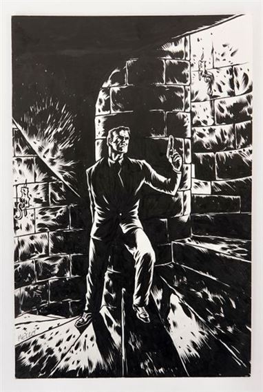 Illustration of a man on a staircase, probably an interior illustration for a detective novel