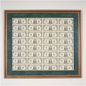 Framed 2003 Uncut Sheet of Thirty-Two One Dollar Federal Reserve Notes - W. Snow