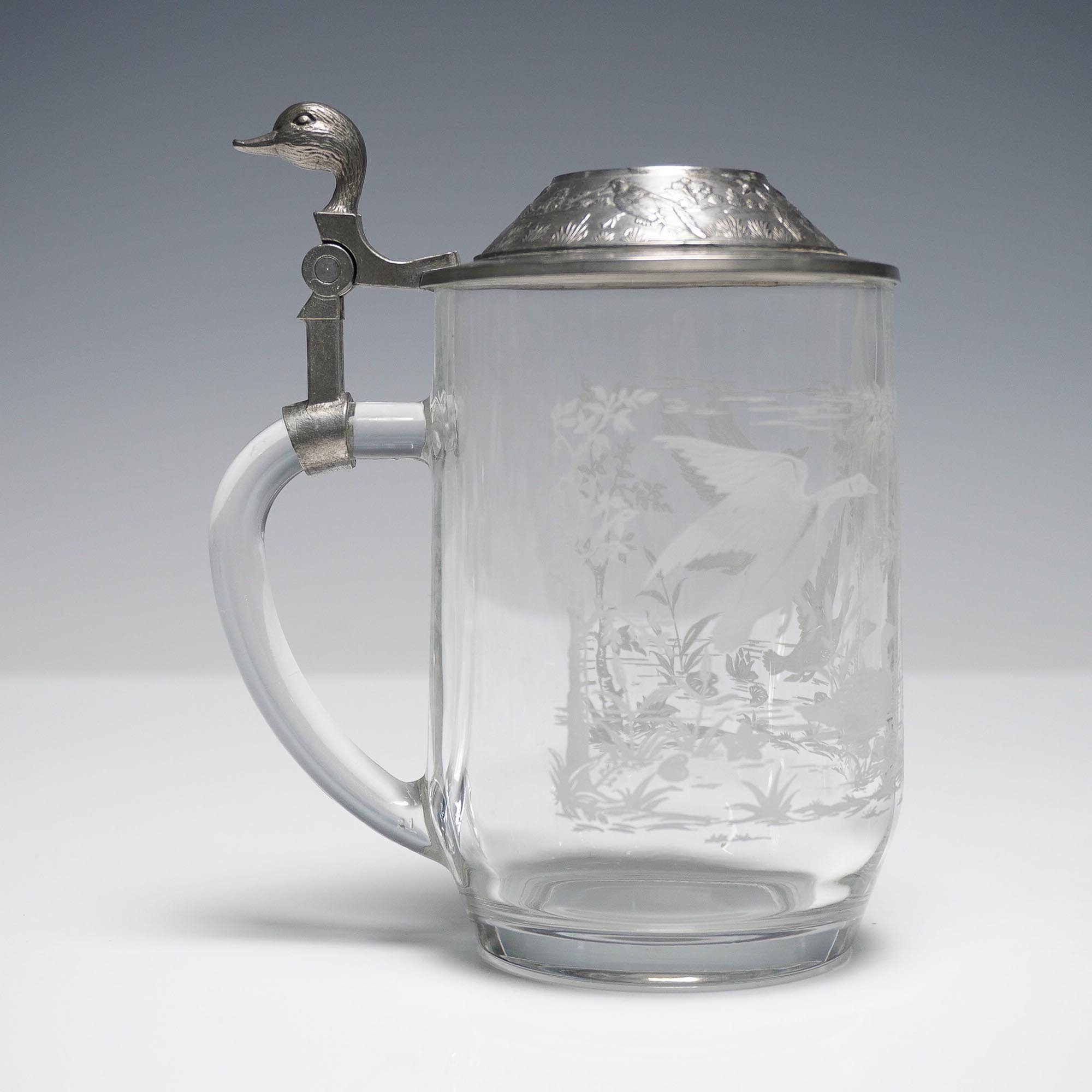 Stein | Etched Glass Beer Stein with Pewter Lid, Duck Finial (20th ...