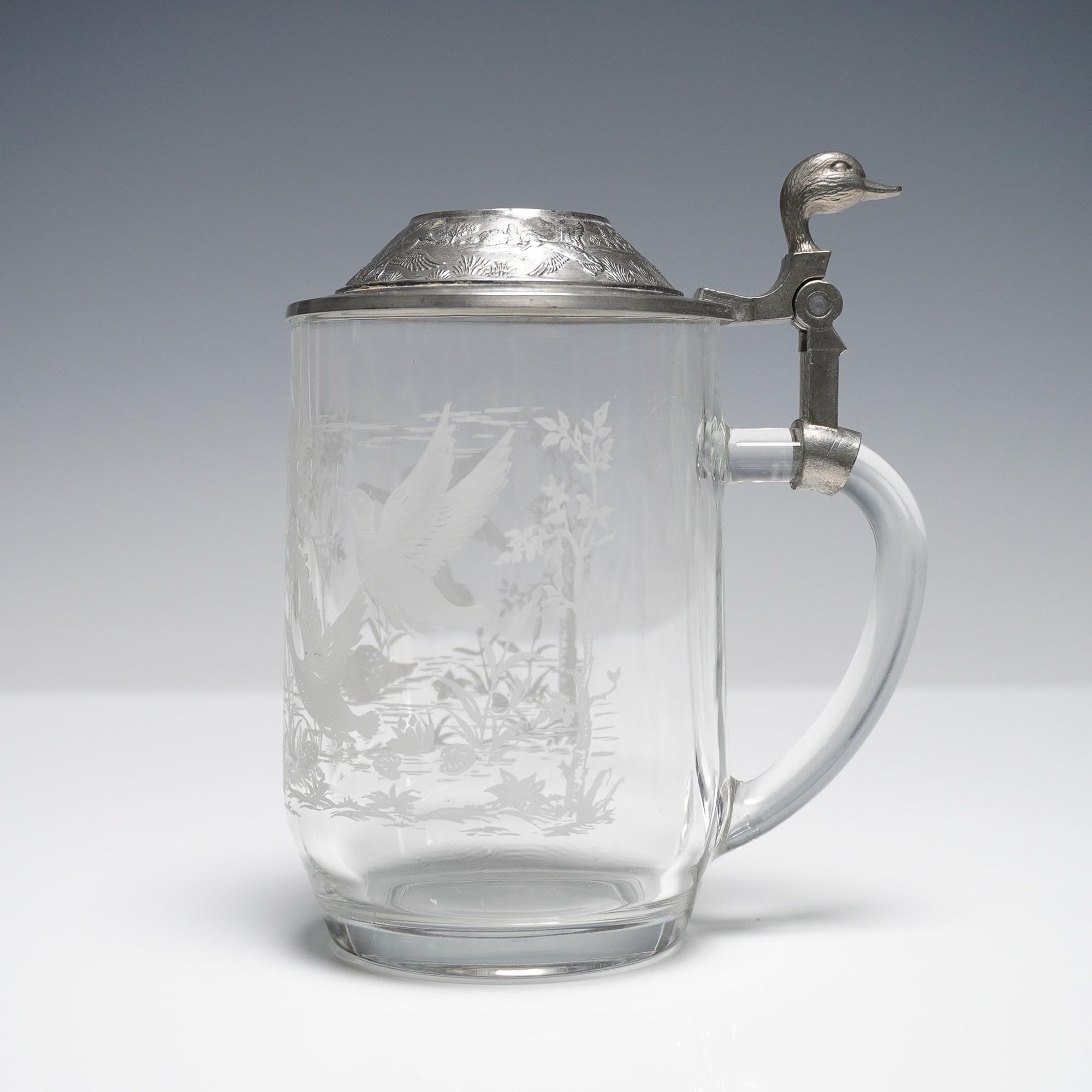 Stein | Etched Glass Beer Stein with Pewter Lid, Duck Finial (20th ...